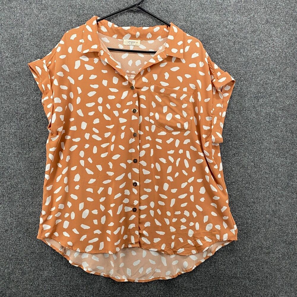 UMGEE Blouse Top Womens M Beige Polka Dots Button Up Short Sleeve Lightweight‎